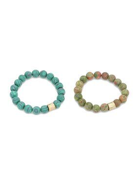 Green Gemstone Beaded Stretch Bracelet Set of 2 - Malachite + Unakite Jasper